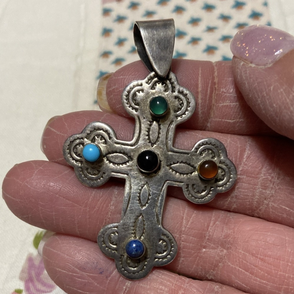 Sterling Silver 925 Cross Pendant with Multicolor Gemstones